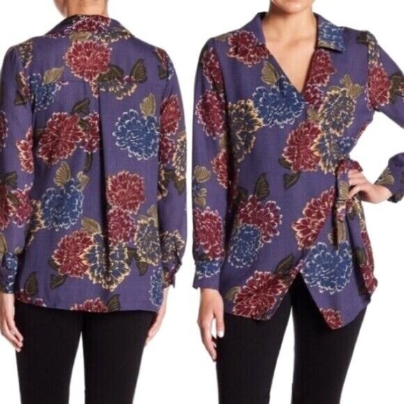 Emelia Wrap Shirt Small Gray Floral Long Sleeve Collared Nordstrom Blouse Top - Picture 2 of 9